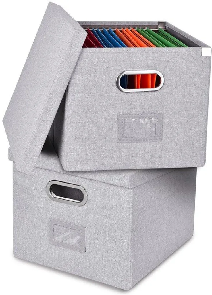Boîte de rangement anti-poussière aspect lin gris pour cartes et tri