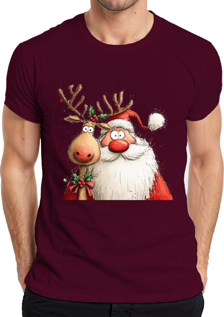 Weihnachtsmann Rentier rote Nase lustig Weihnachten Geschenk Herren T-Shirt, Burgundy, M