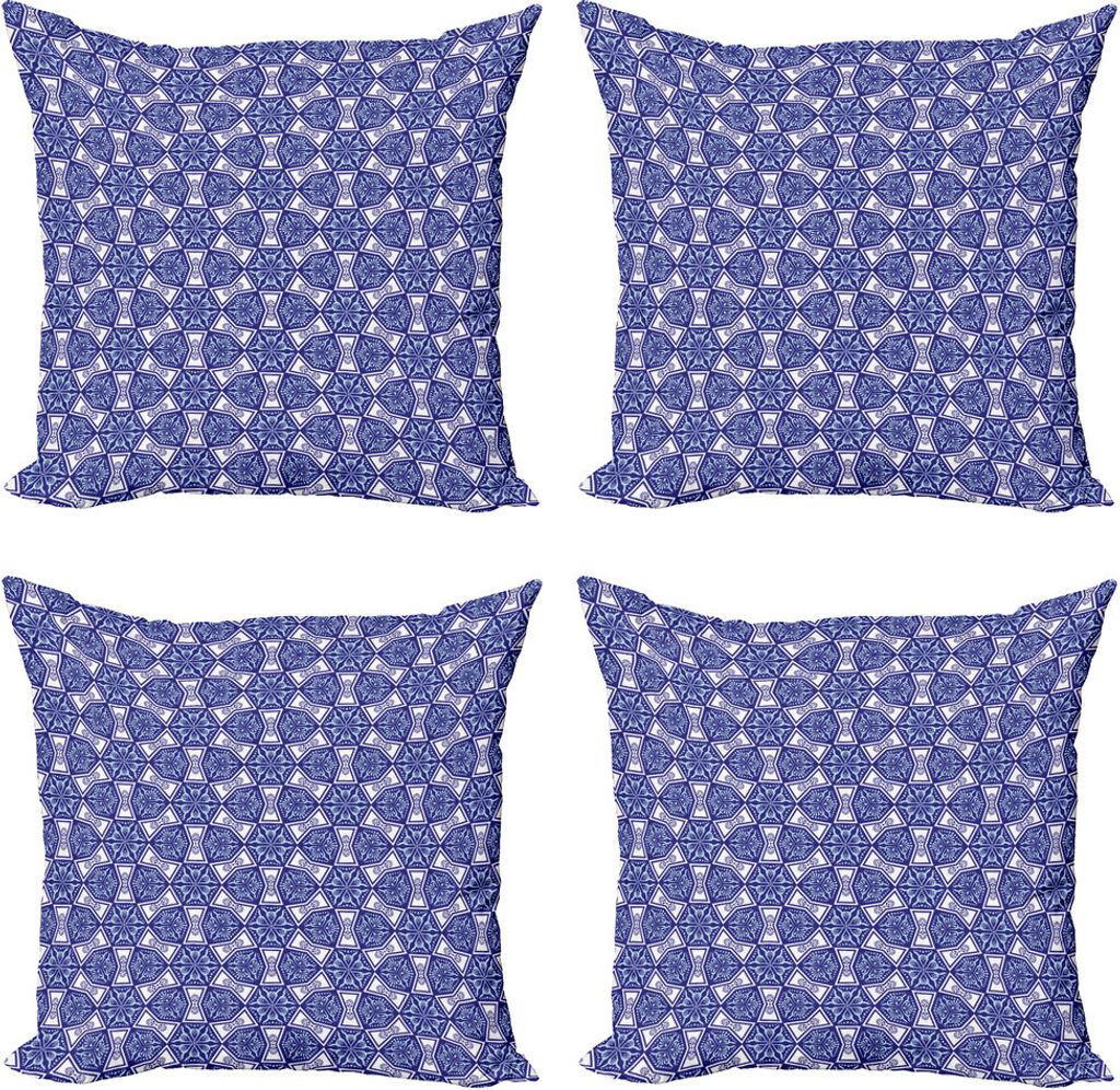 ABAKUHAUS Indigo Kissenbezug Set (4 Stück), Indigo Floral Geometrisch, Moderner Doppelseitiger Digitaldruck, 40 cm x 40 cm, Dark Blue Sky Blue