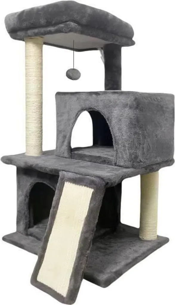 Arbre à chat gris 86cm FLOPI : 2 cachettes et rampe sisal intégrée