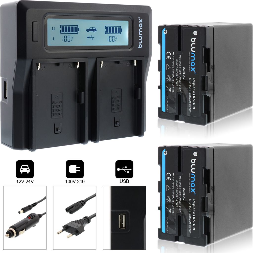 2x Akku + Lader für Sony BP-U60 BP-U30 BP-U90 BP-U95 5200 mAh (14,4V)