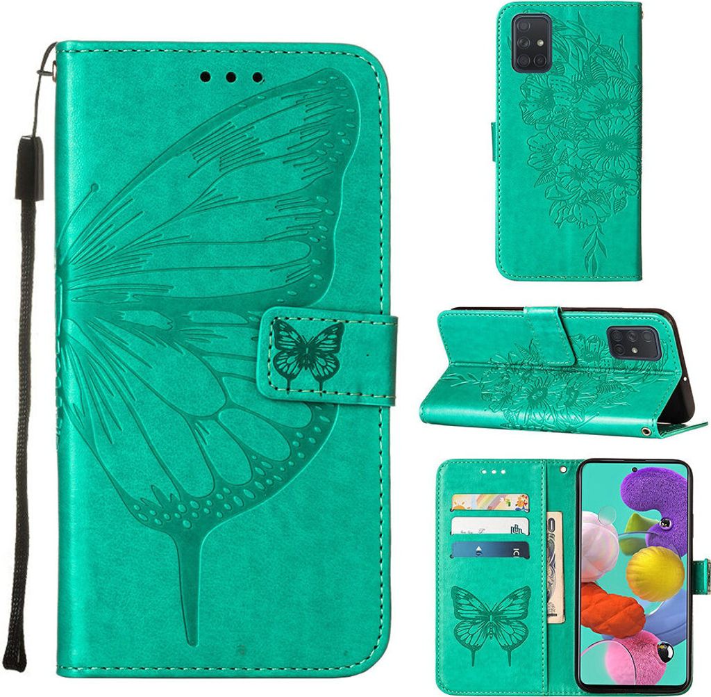 Galaxy A51 Hülle, Schmetterling Prägung Flip Leder Kartenfächer Schutzhülle Ledertasche mit Ständer für Samsung Galaxy A51 Grün