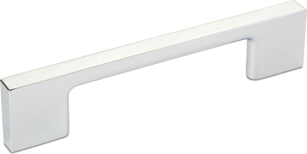 A single, shiny silver handle on a white background.