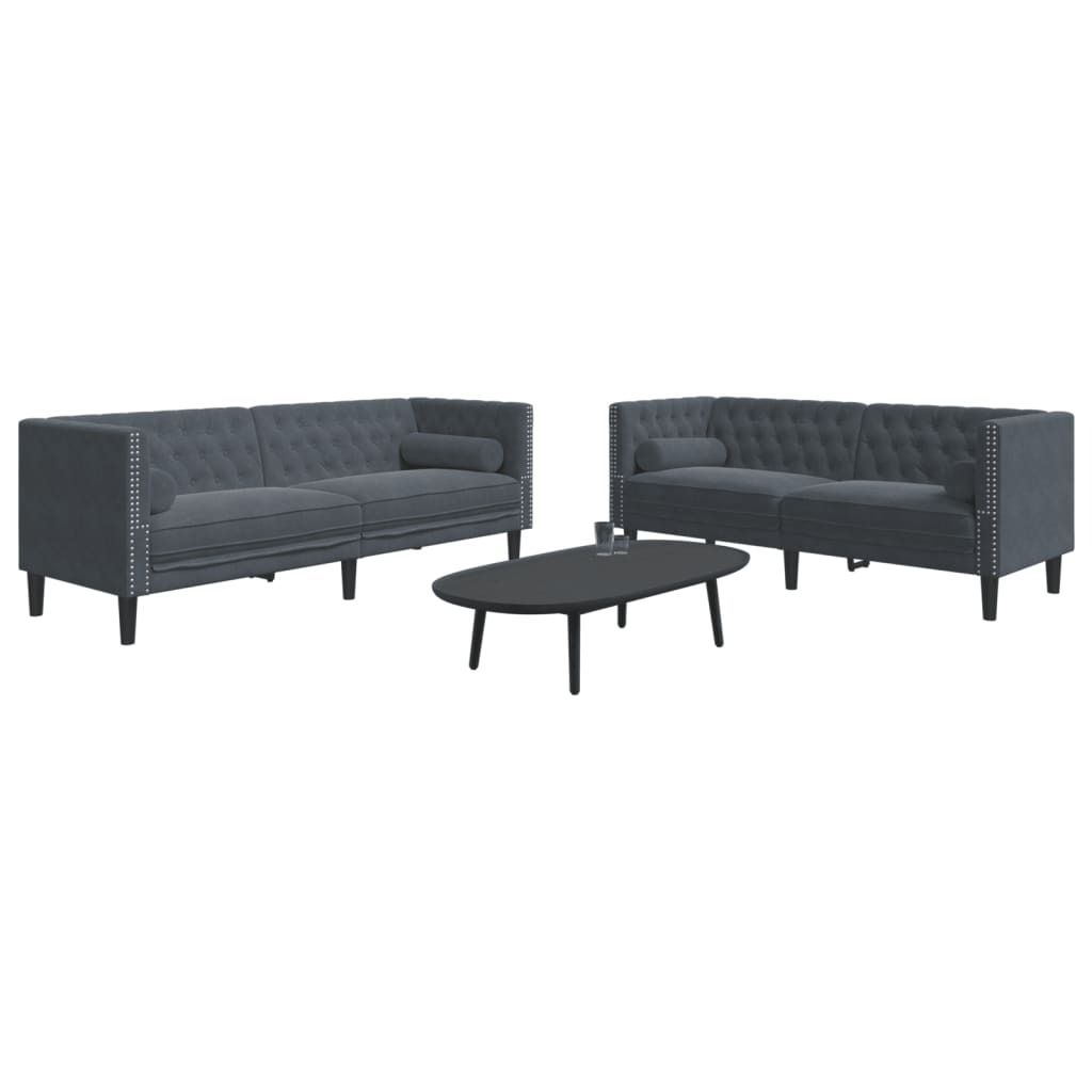 ZMH 2-tlg. Chesterfield-Sofa-Set mit Nackenrollen Dunkelgrau Samt