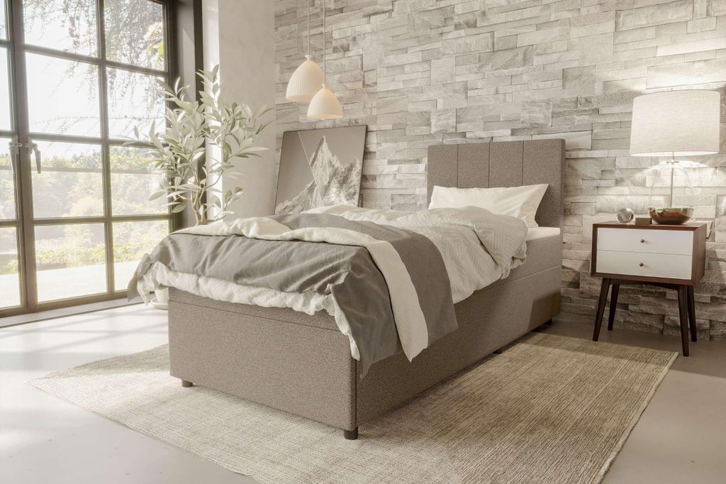 99rooms Kira Mini Boxspringbett Strukturstoff NEVE Hellbraun 120x200 cm