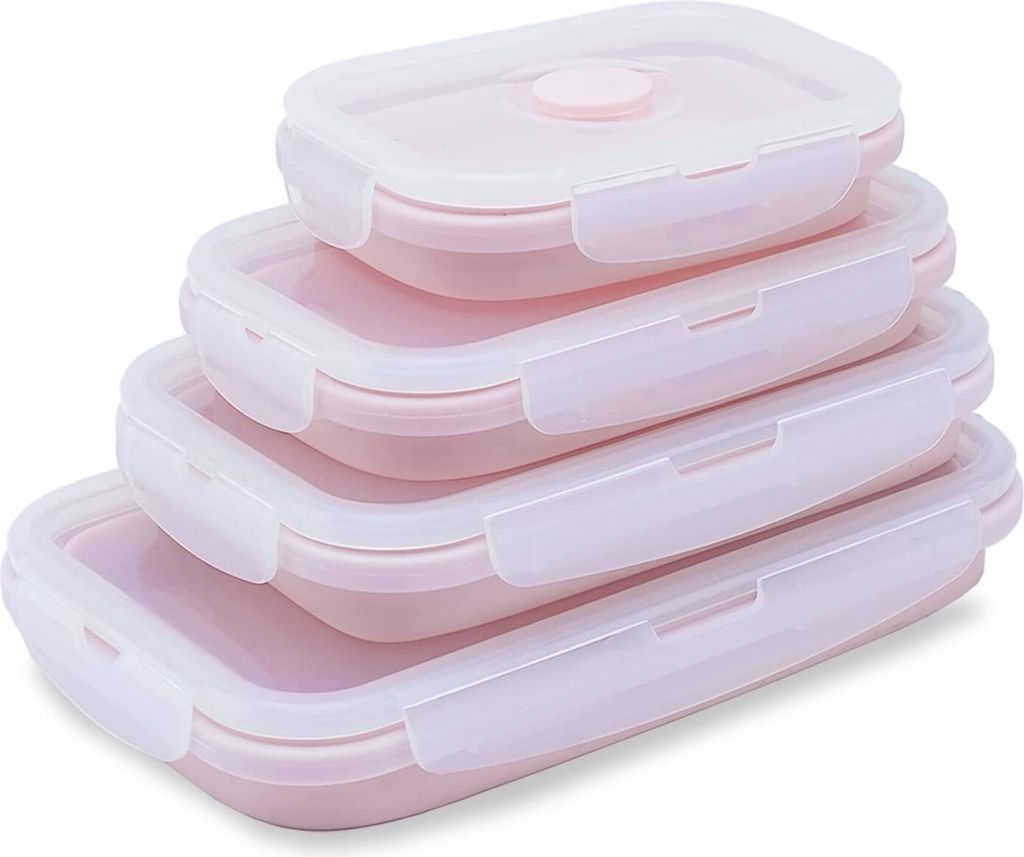Faltbarer Frischhaltebehälter aus Silikon, BPA-frei, Restdose, mit luftdichtem Kunststoffdeckel für die Küche,Rosa