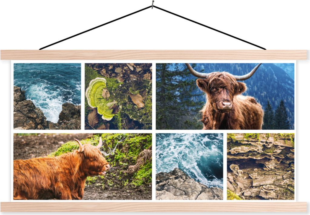 MuchoWow Textilposter Schottisches Hochlandrind - Collage - Meer - Berg 120x60 cm mit holzfarbenen Rahmen - Klemmleiste
