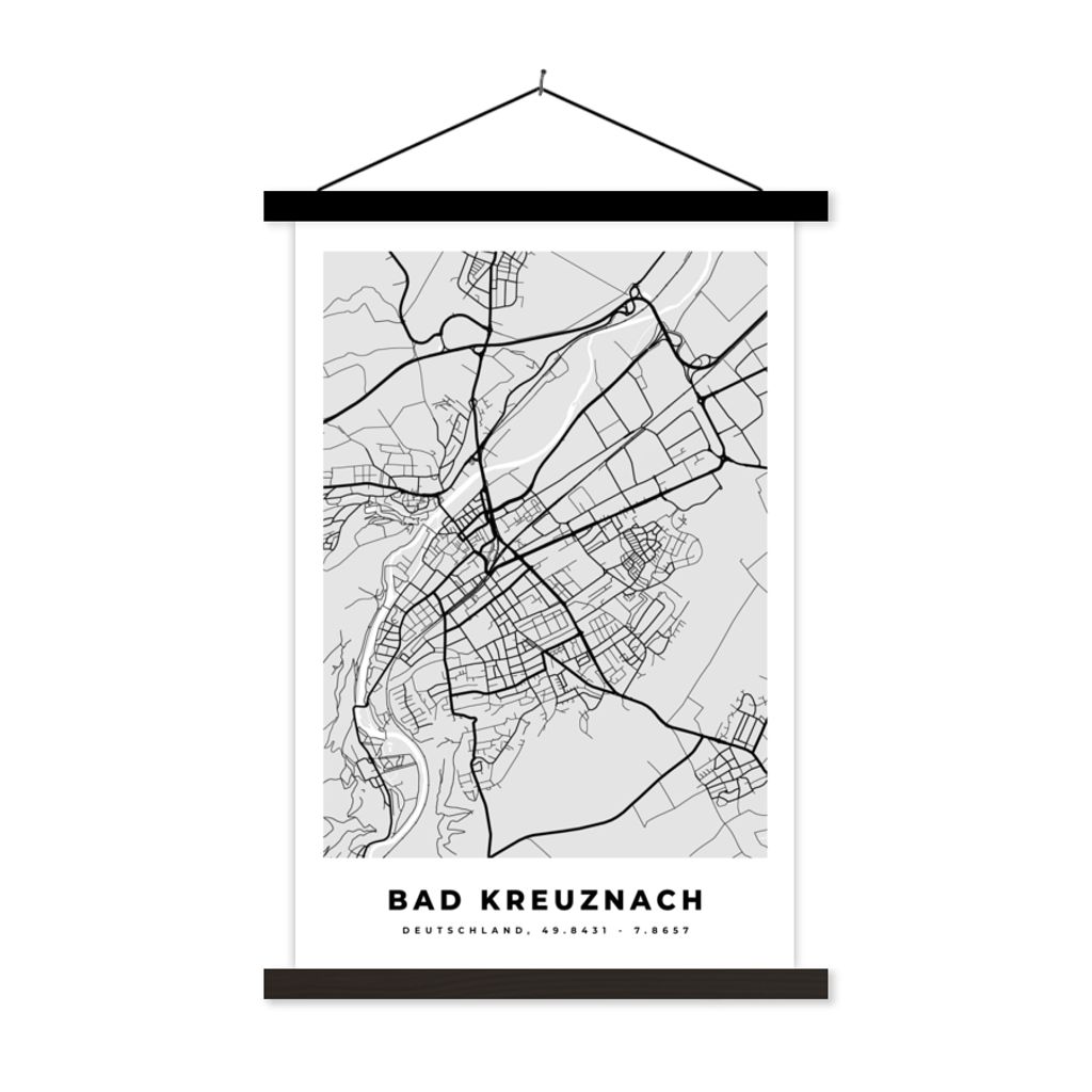 MuchoWow Textilposter Stadtplan - Bad Kreuznach - Karte - Deutschland 120x180 cm mit schwarzem Rahmen - Fotos