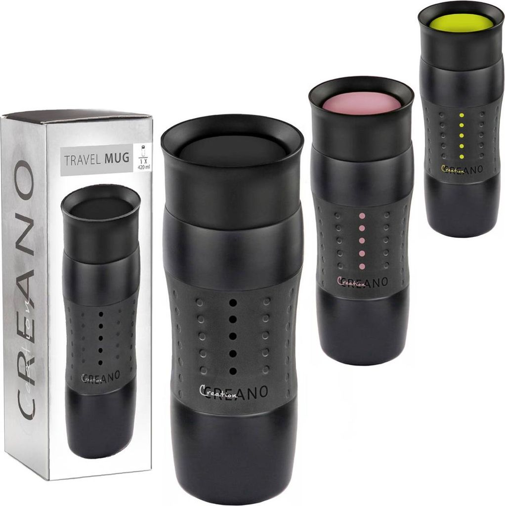Creano 3er-Set Travel Mug Edelstahlthermobecher in den Farben Schwarz, Rosa und Grün