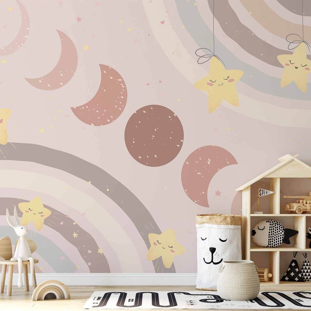 Selbstklebende Folie Fototapete - Phases of the Moon Among Stars and Rainbows 392x280 cm Für Kinder e-C-10061-a-a
