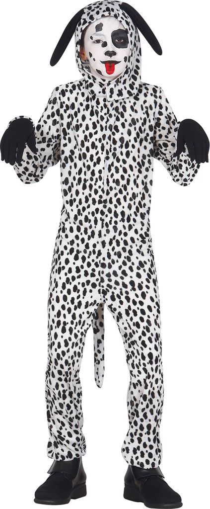 A child wearing a Dalmatian costume, standing and facing forward.