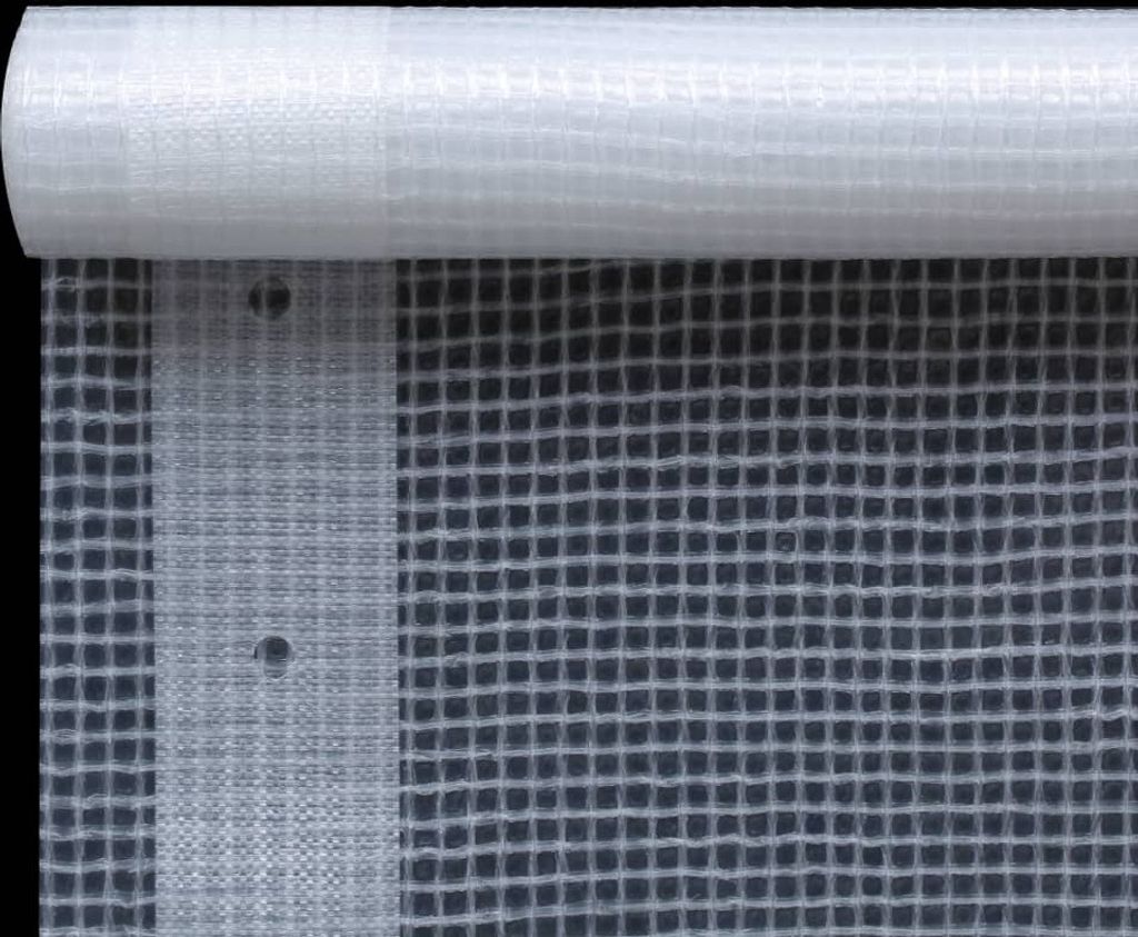 A roll of white mesh tarp is shown, partially unrolled to reveal the grid pattern.