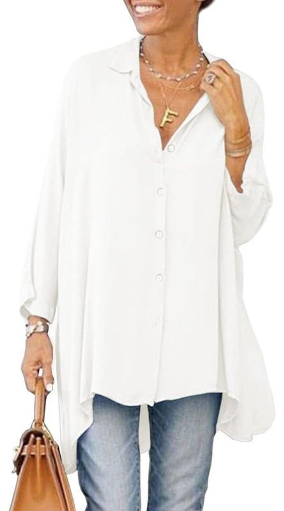 Imily Bela Oversize-T-Shirt für Damen, langärmeliges Hemd mit Knopfleiste, V-Ausschnitt, locker und fließend