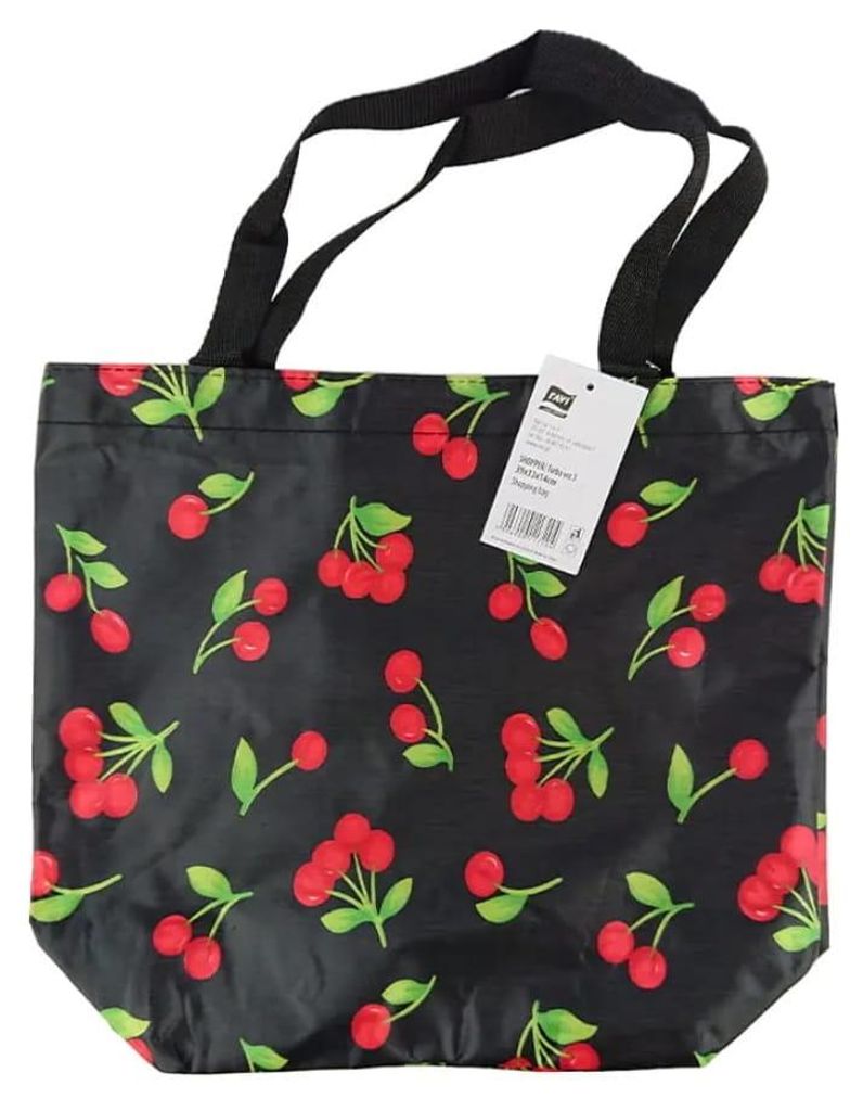 Einkaufstasche SHOPPER groß, Modell 1, schwarz, bunter Aufdruck mit Kirschen, Kirschblüten und Blättern