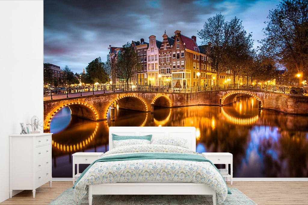 MuchoWow Fototapete für Wohnzimmer oder Schlafzimmer Wandtapete Vinyl Motivtapete Die Keizersgracht in der Nacht - 360x240 cm - Vinyl-Tapete