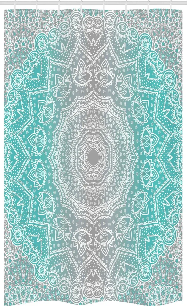 ABAKUHAUS Grigio e turchese Tenda da doccia stretta, Ombre Ethnic, Set decorativo per bagno in tessuto con ganci, 120 x 180 cm, turchese grigio