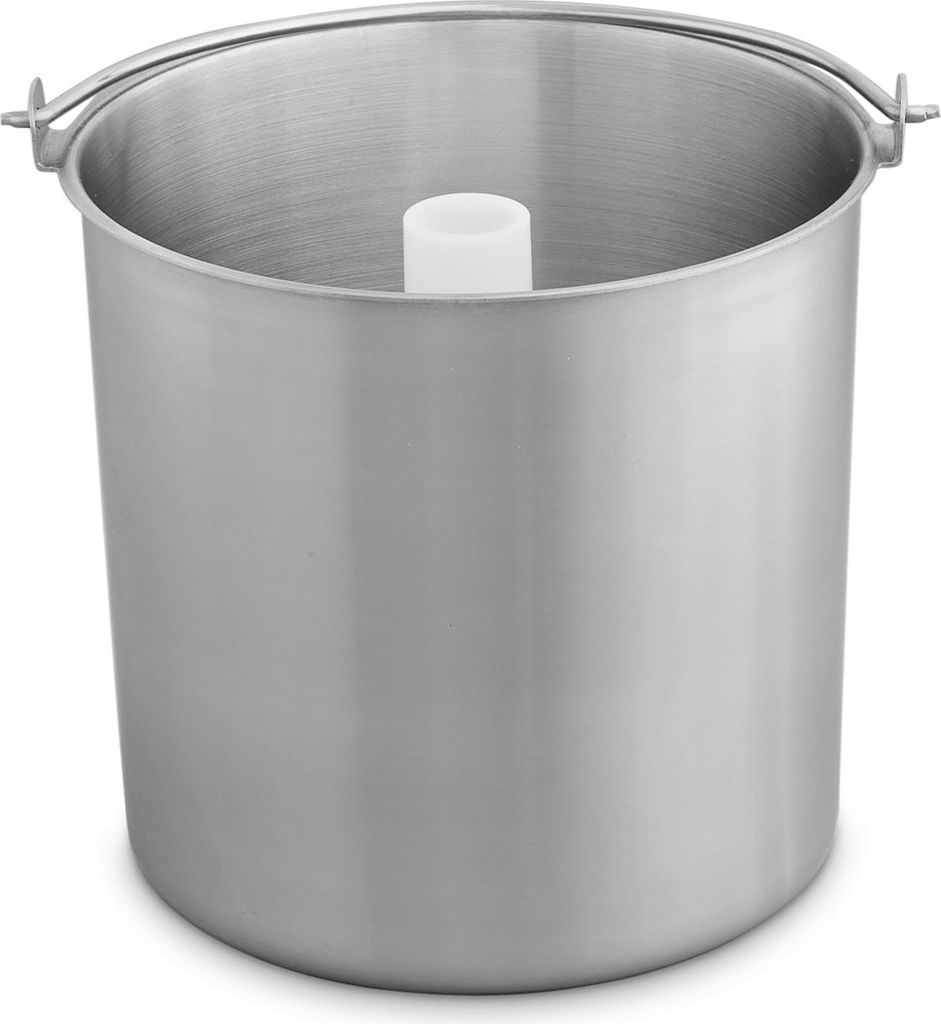 A stainless steel ice cream maker insert is shown against a white background.