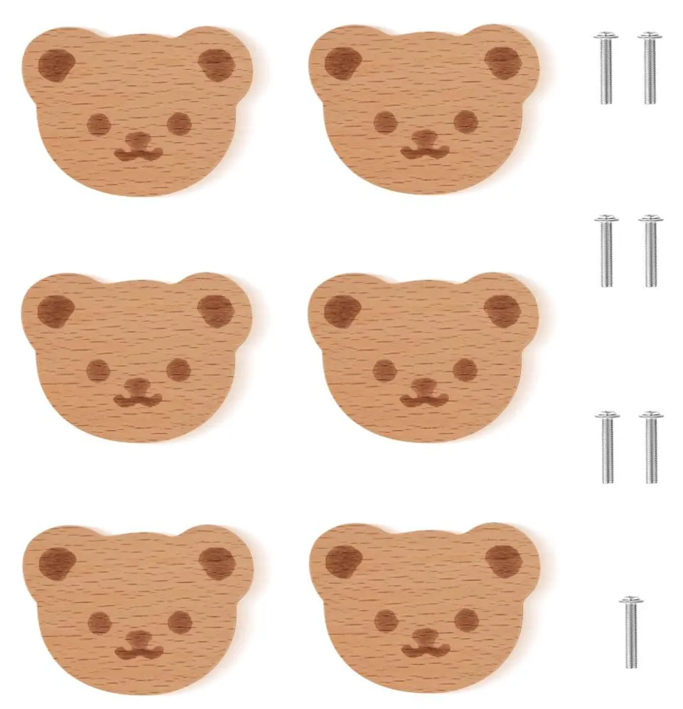 Boutons d'armoire en bois gravés animaux, poignées décoratives pour meuble