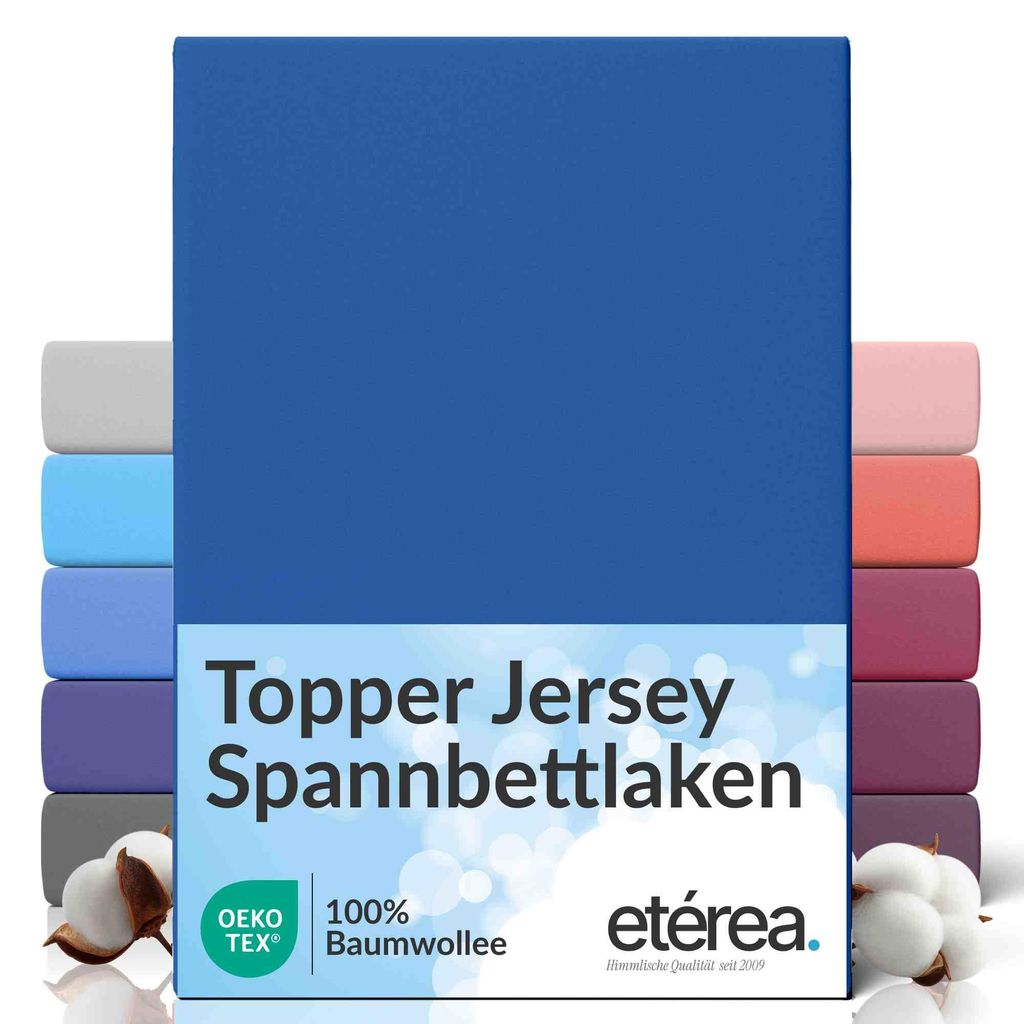 etérea Topper Jersey Spannbettlaken 180x200 - 200x200 cm – 100 % Baumwolle, formstabil & pflegeleicht - Blau