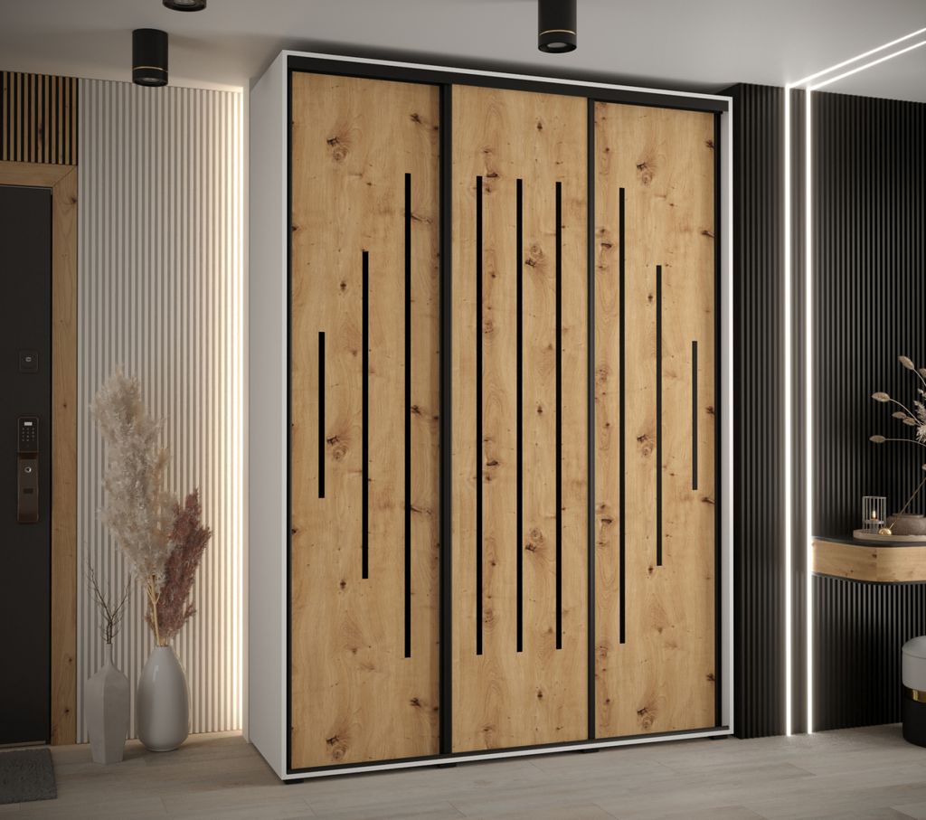 Kleiderschrank ASIRI 12 - 170/45 cm, weiß / Eiche handwerklich / schwarz
