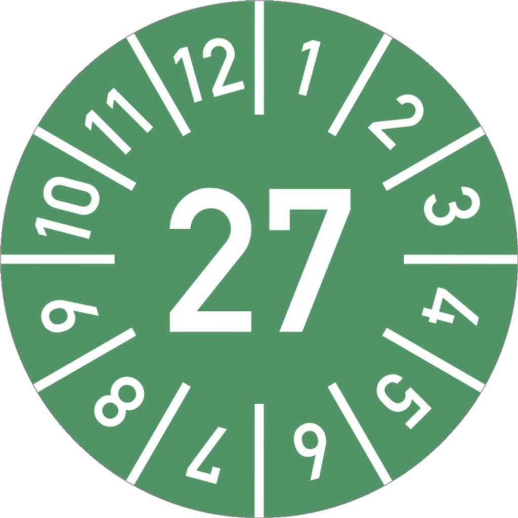 Dreifke Prüfplakette Jahr 27 mit Monaten, grün, Folie, Ø 30 mm, 10 St./Bo.