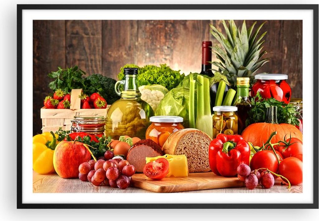 Gerahmtes Poster - Schwarzer Rahmen - Lebensmittel Gemüse Brokkoli Fleisch - 91,5x61 cm - Wand Bild - Wanddeko - Wandbilder - Wandposter - Bilderr...