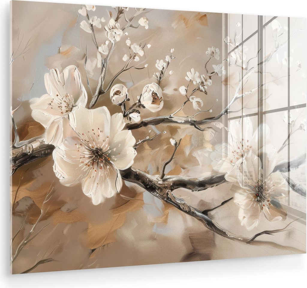 MuchoWow Glasbilder - Bilder auf Wandbild - Foto auf Glas Blumen - Natur - Weiß - Blüte - Abstrakt 80x60 cm Wanddekoration aus Glas - Acrylglasbi...