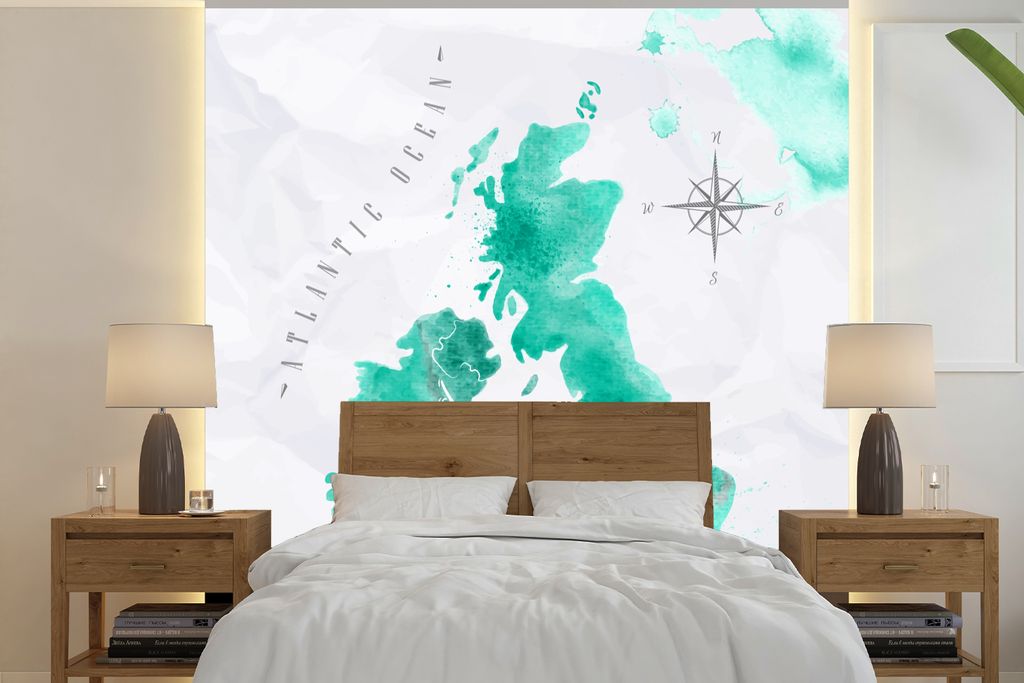 MuchoWow Fototapete für Wohnzimmer oder Schlafzimmer Wandtapete Vinyl Motivtapete Aquarell - Weltkarte - England - 240x240 cm - Schlafzimmer-Tapete