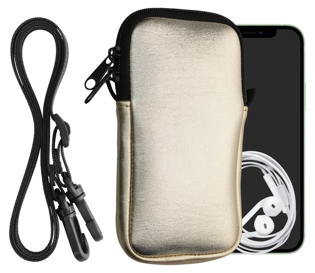 kwmobile Handytasche für Smartphones XL - 6,7/6,8" - Neopren Handy Hülle Metallic Gold mit Kordel - Handy Tasche mit Handykette 17,2 x 8,4 cm