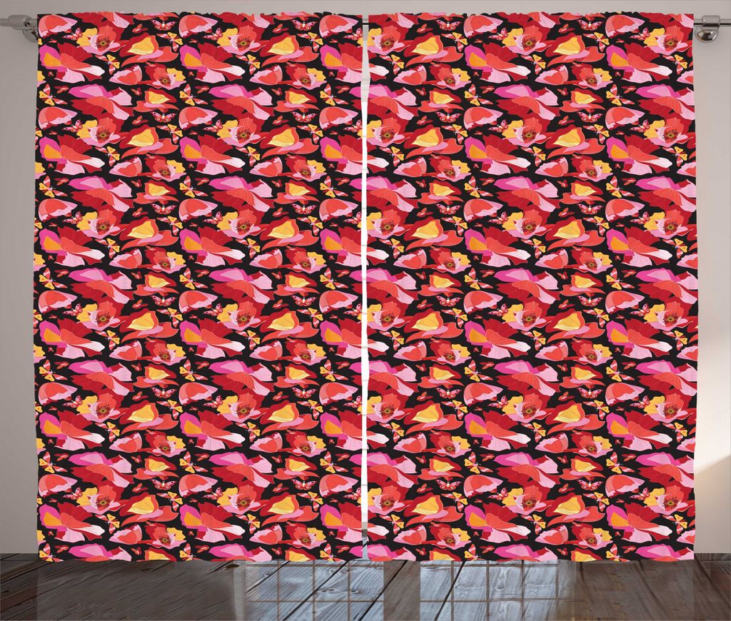 ABAKUHAUS Mohn Rustikaler Vorhang, Artsy Blüten Schmetterlinge, Wohnzimmer Universalband Gardinen mit Schlaufen und Haken, 280 x 225 cm, Mehrfarbig