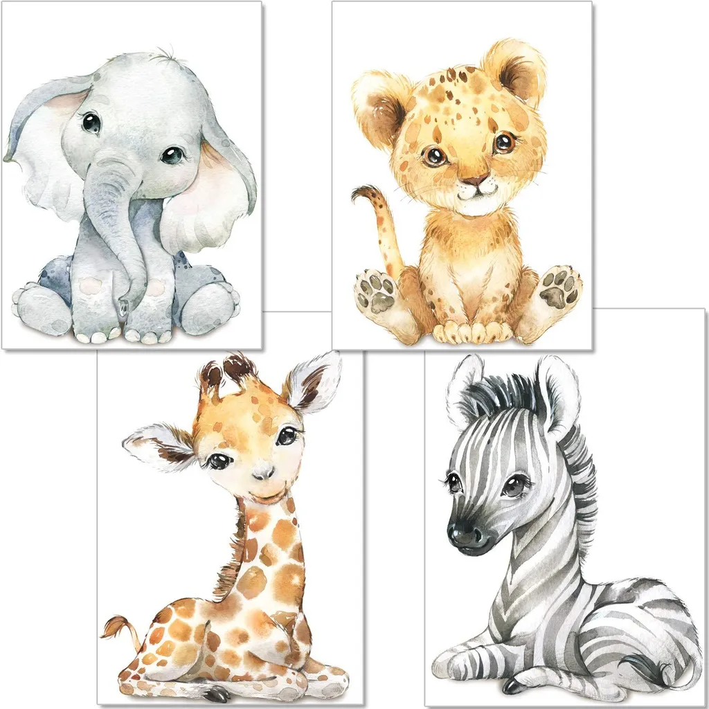 Lot de 4 affiches animaux jungle A4 pour chambre d'enfant P60 Safari