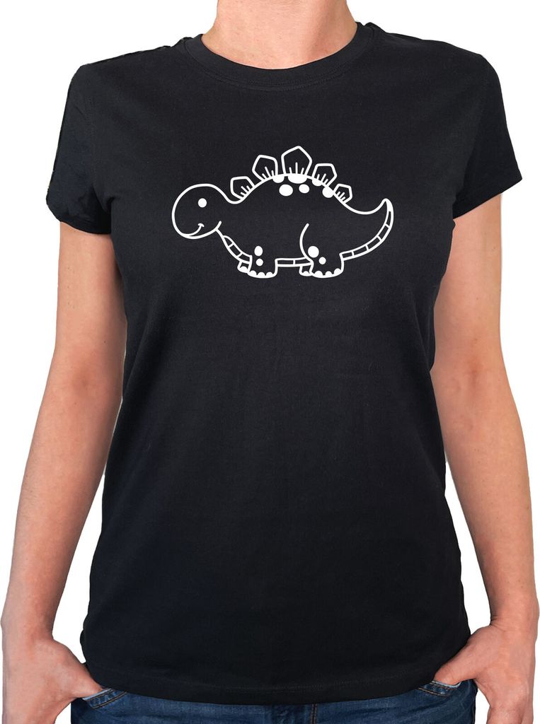 Huuraa Damen T-Shirt Stegosaurus Dinosaurier XL Black Baumwolle Fairtrade Damenshirt Geschenkidee
