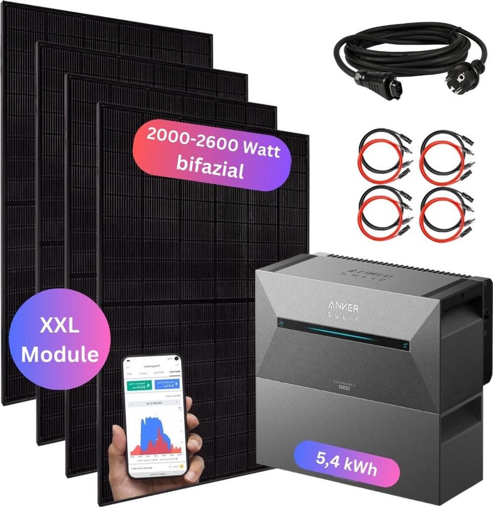 MYVOLTAICS Balkonkraftwerk 2000+ Watt mit Speicher Anker Solarbank 3 und Zusatzakku (5,4 kWh Kapazität), Steckerfertig - einstecken. fertig. ohne ...
