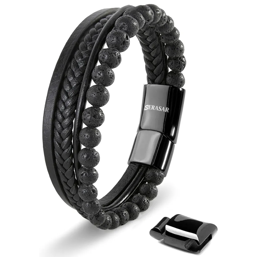 Bracciale Uomo SERASAR Stone Nero in Vera Pelle e Acciaio Inox