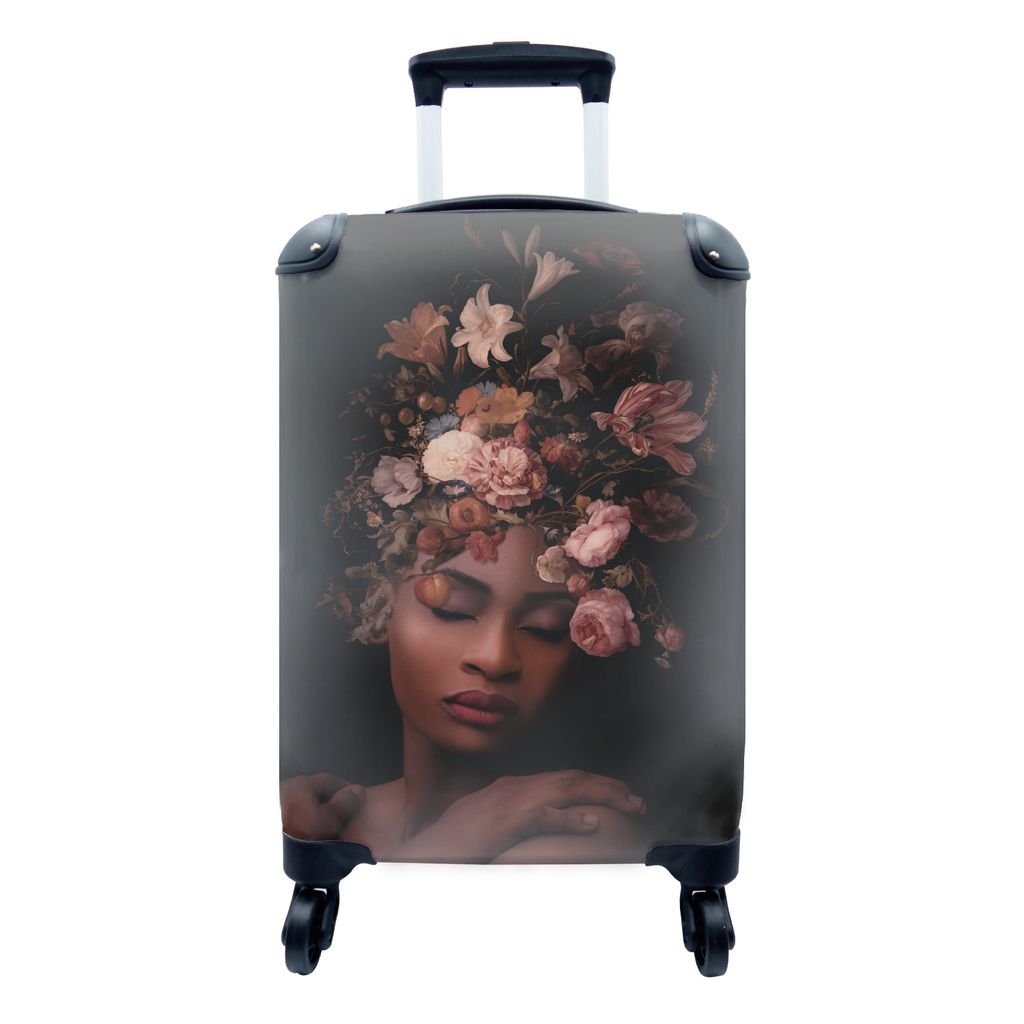 MuchoWow Koffer Handgepäck Trolley Rollkoffer Kleine Reisekoffer mit 4 Rollen - Frauen - Blumen - Schwarz - Cabin Size < 55x40x23 cm & 55x40x20 ...