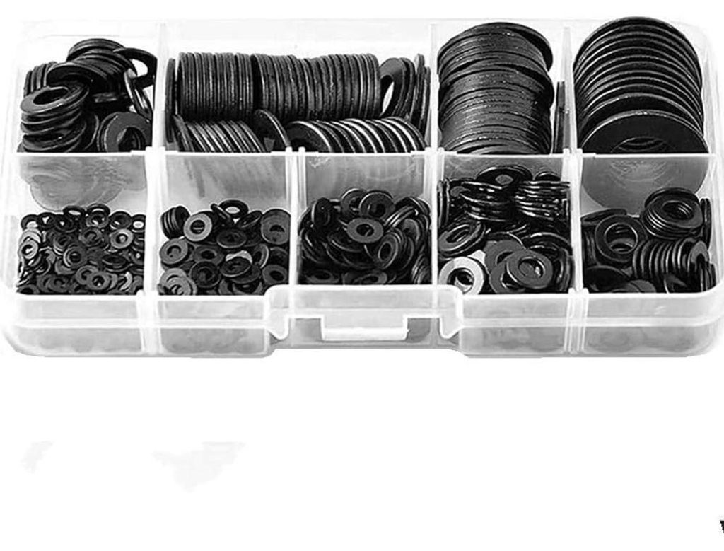 Sortiment an Flachringen M2, M2,5, M3, M4, M5, M6, M8, M10, M12, Metallringe in 9 Größen, schwarzes Sortiment an Flach- und Sicherungsringen