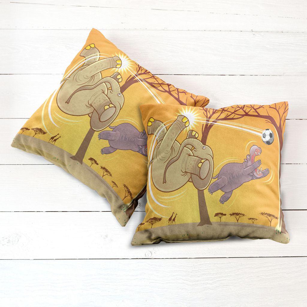 ABAKUHAUS Elefant Kissenbezug Set (2Stück), Elefant Und Nilpferd, Die Fußball Karikatur Druck Fantastischen Druck, 45x45cm, Orange Umber Lila