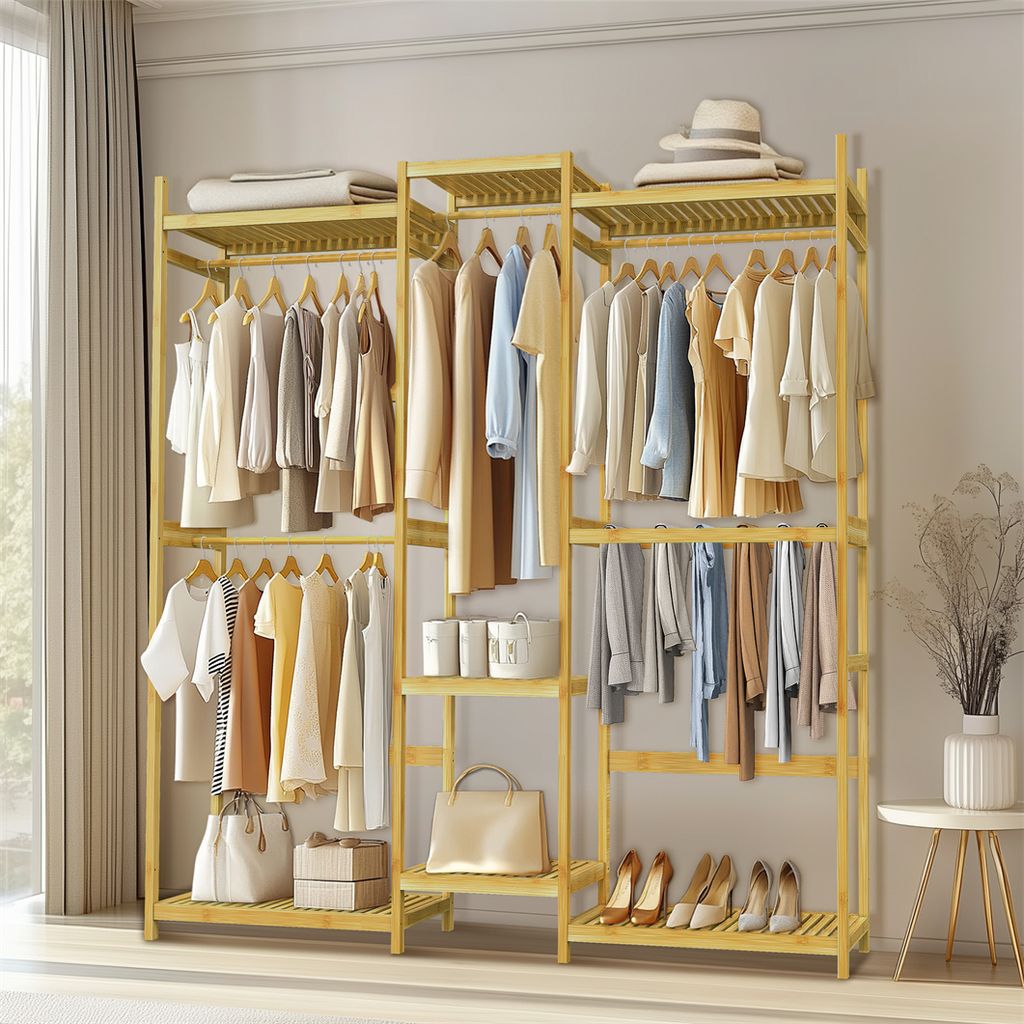 A wooden clothing rack with multiple shelves and hanging rods, filled with various clothing items, bags, and shoes.