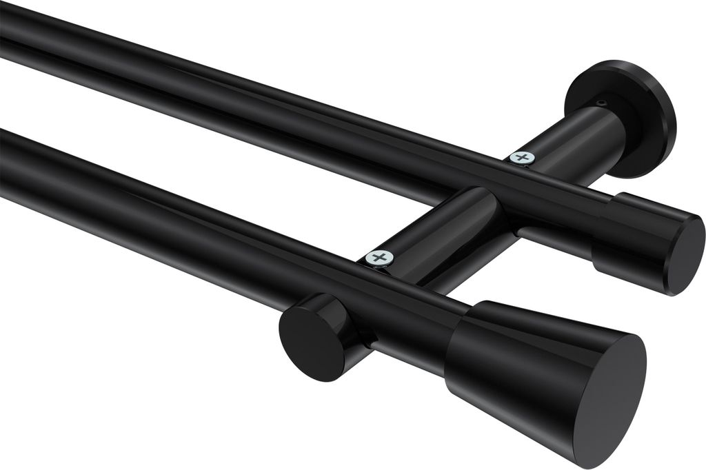 Interdeco Gardinenstange / Vorhangstange Schwarz, Typ Platon Sitra (Konus) ohne Ringe, 20 mm Ø 2-läufig, 360 cm