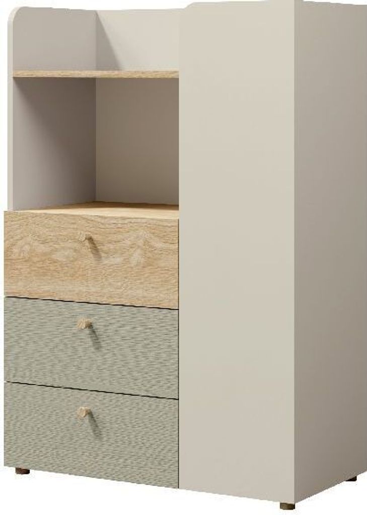 Regal 7 YUKI 80 cm mit 3 Schubladen Türen offene Einlegeböden Bücherregal Kinderzimmer Standregal Beige/Grau/Braun/Eukalyptus