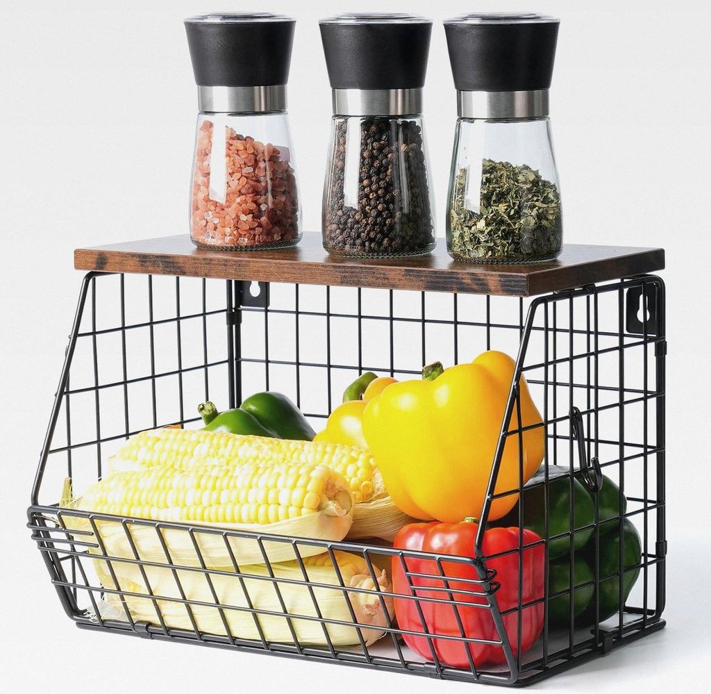 Obstkorb Hängend Obstschale Obst Gemüse Aufbewahrung Wand Stapelbar Obstschale Etagere mit Holzdecke Küchenorganizer, Hängekorb Obst Metall Obs...
