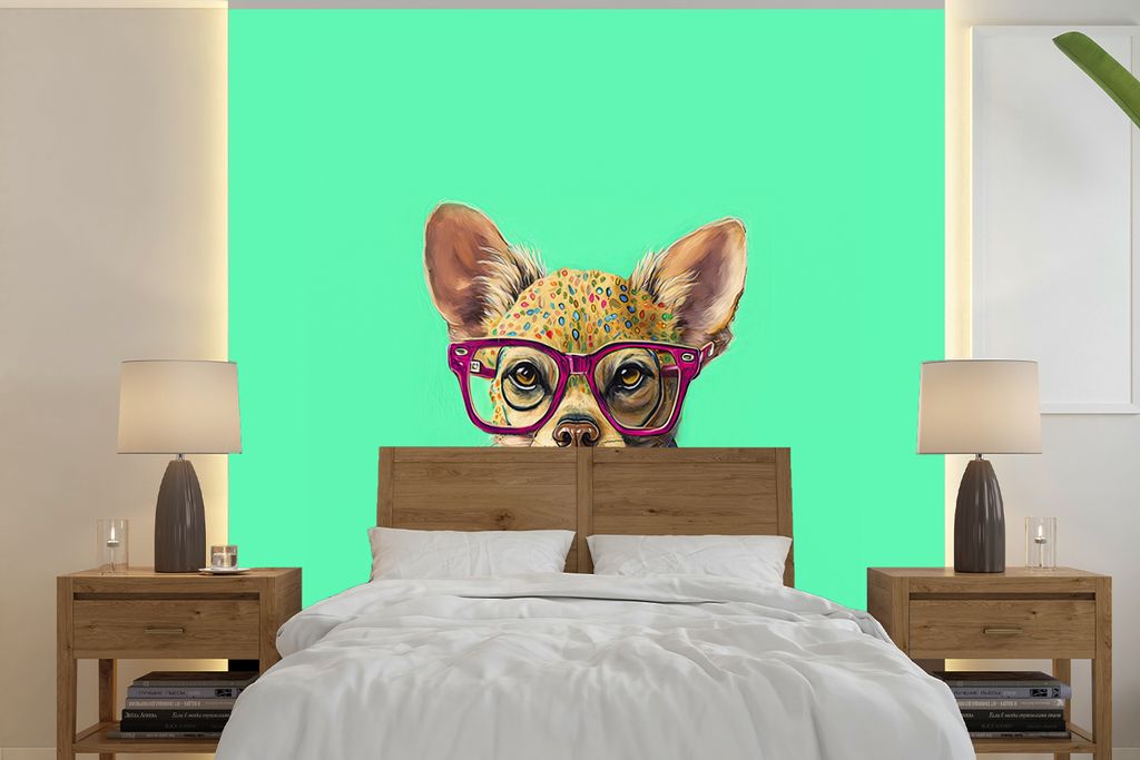 MuchoWow Fototapete für Wohnzimmer oder Schlafzimmer Wandtapete Vinyl Motivtapete Brille - Tier - Hund - Blumen - Chihuahua - 240x240 cm - Schla...