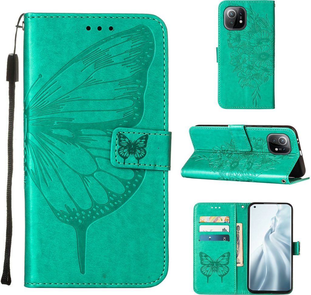 Xiaomi Mi 11 Hülle, Schmetterling Prägung Flip Leder Kartenfächer Schutzhülle Ledertasche mit Ständer für Xiaomi Mi 11 Grün