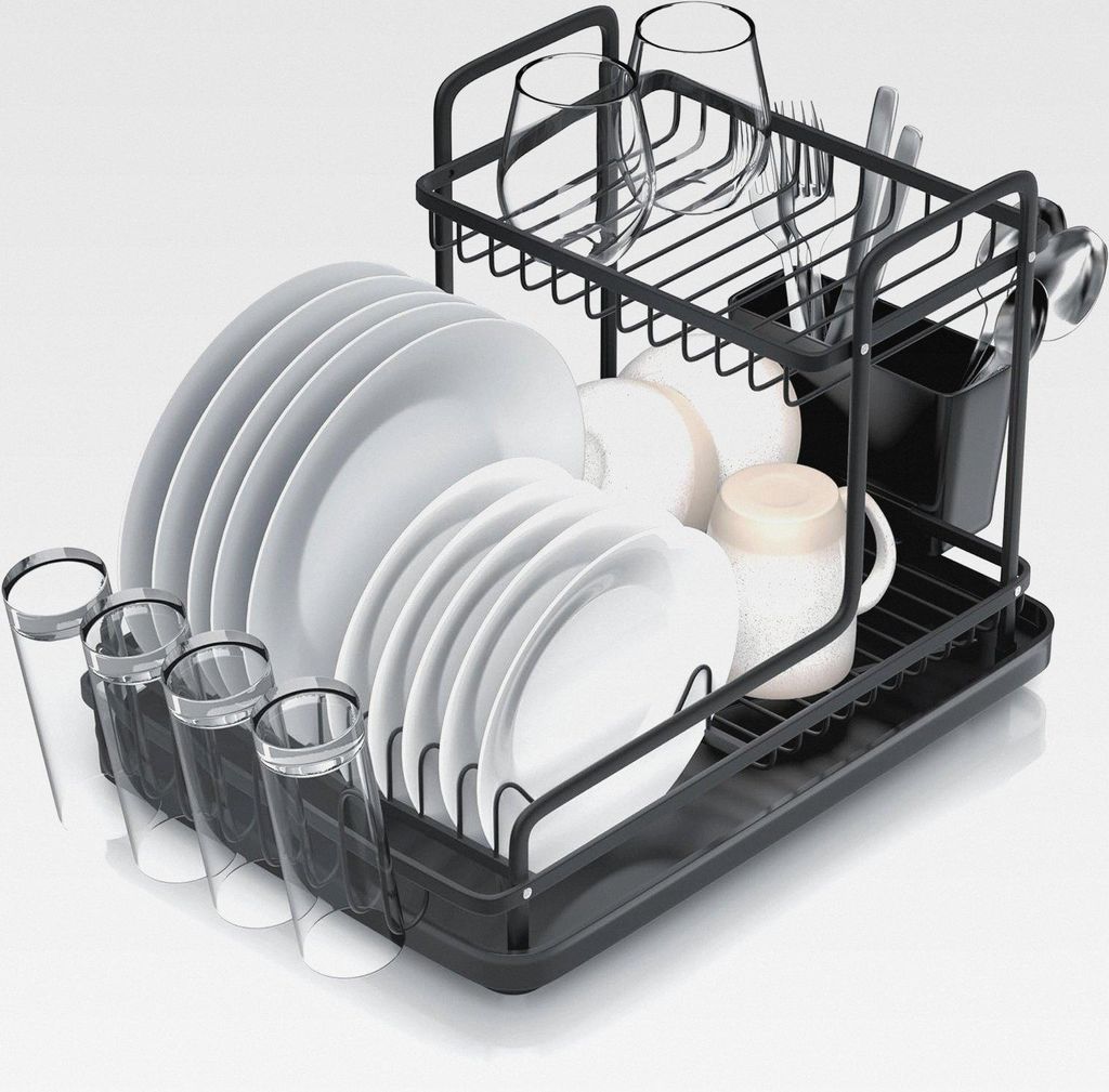 Abtropfgestell Geschirr - Geschirrständer für die Küchentheke – Abtropfschale Besteckhalter – 4 x Becherhalter/Glashalter – 10 Tellerhalte...