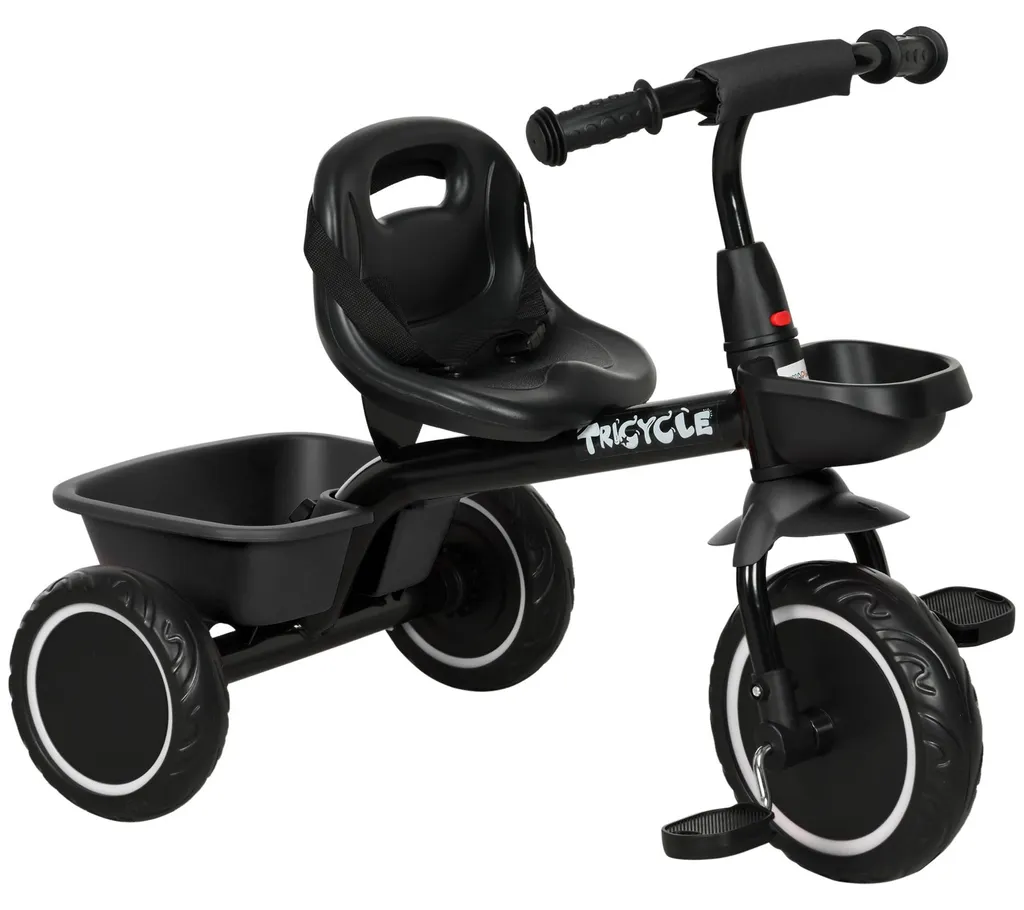 Tricycle ajustable pour enfant résistant avec paniers et ceinture noir