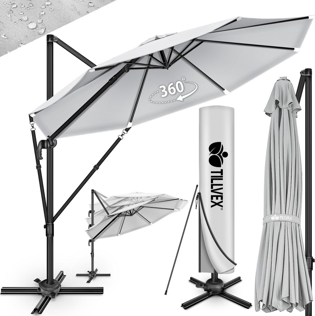 tillvex Premium Alu Sonnenschirm 330 cm Grau + Abdeckung & Windsicherung | Ampelschirm 6-Fach Verstellbar mit Kurbel | Gartenschirm 360° Drehbar...