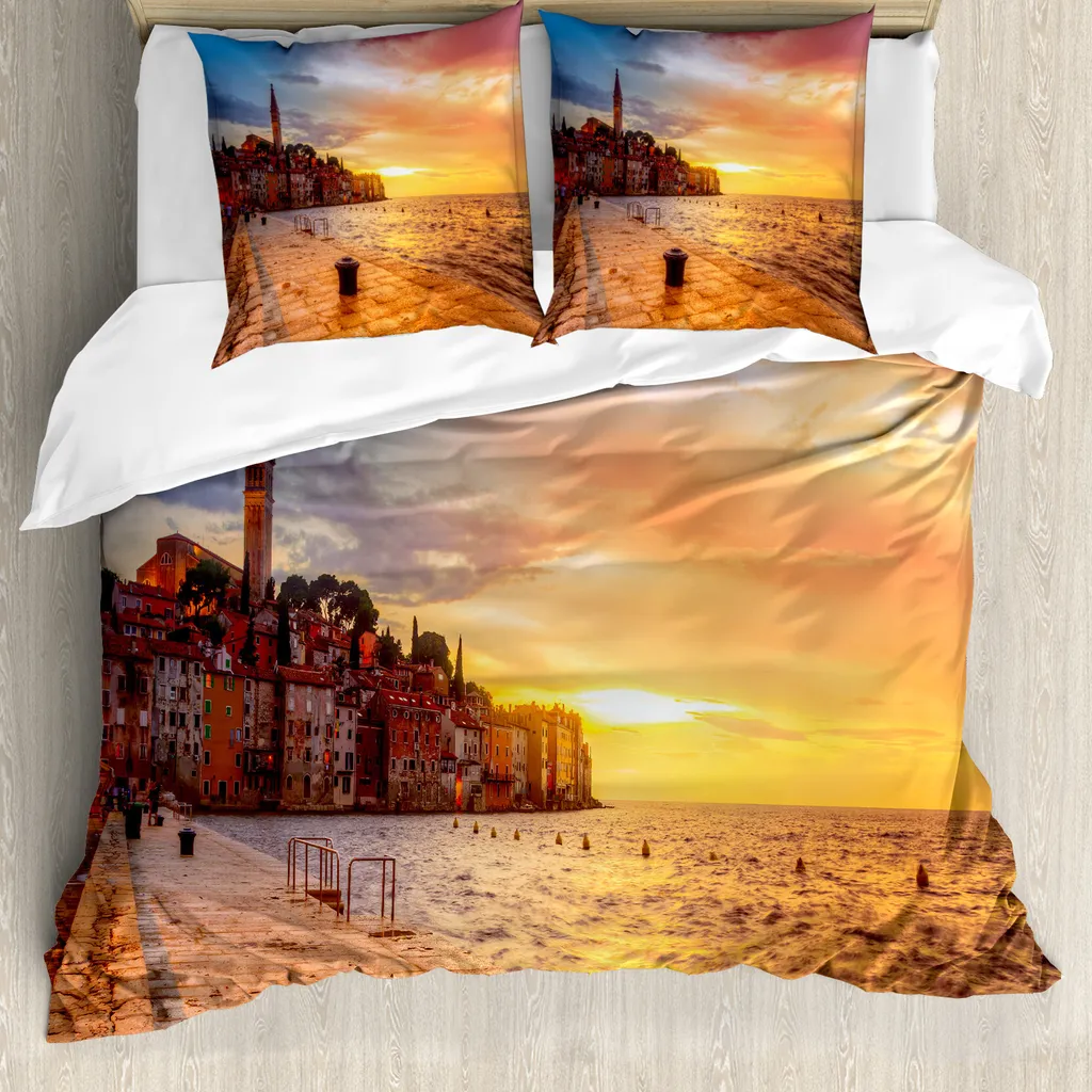 ABAKUHAUS Copripiumino con vista panoramica, Sunset , antiacaro, adatto a chi soffre di allergie, con federe, 200 cm x 200 cm - 80 x 80 cm, marrone giallo