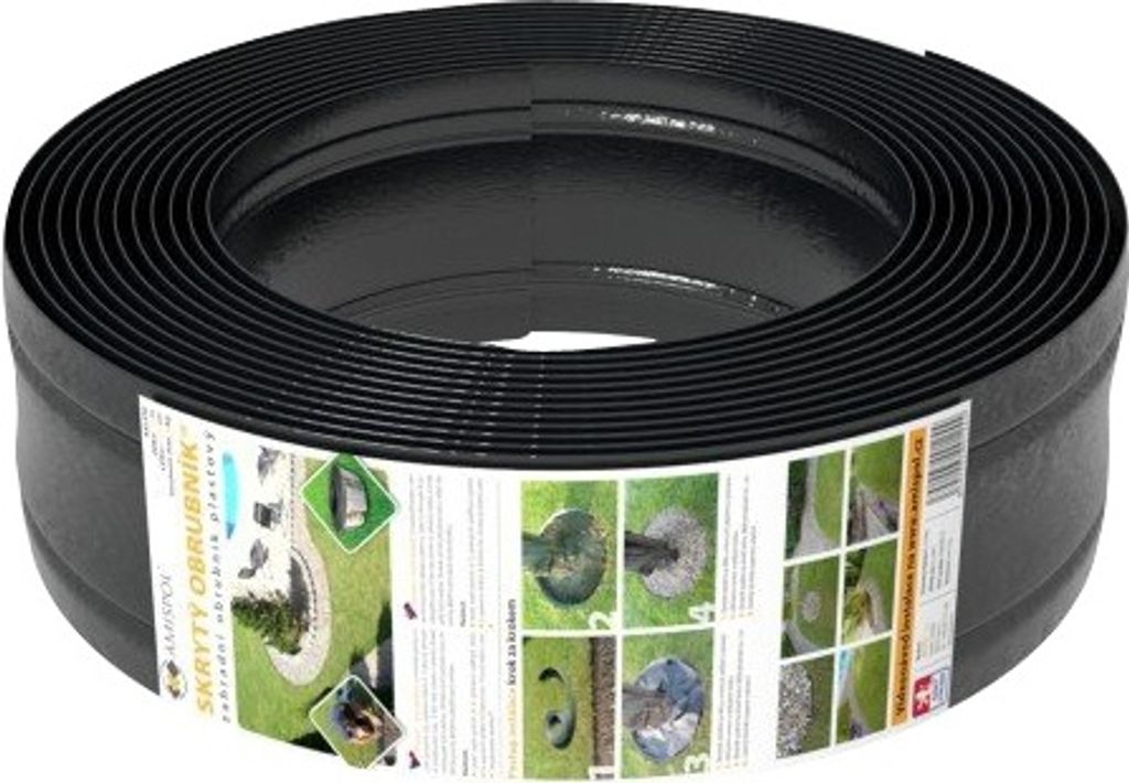 A roll of black plastic garden edging is shown against a white background. The product has a label wrapped around it with images of its use in gardens.