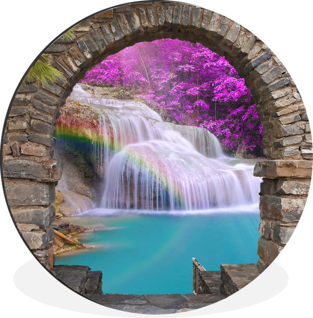 MuchoWow Aluminium Wandkreis Blumen - Regenbogen - Wasserfall - Ausblick Ø 60 cm Wanddeko Modern Wohnzimmer - Wand Kreis - Wandbild - Schlafzimm...