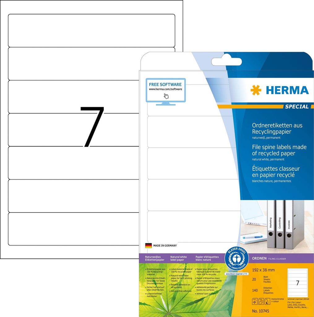Ordneretiketten Recyclingpapier A4 192x38mm weiß VE=32x20 Blatt/140 Stück